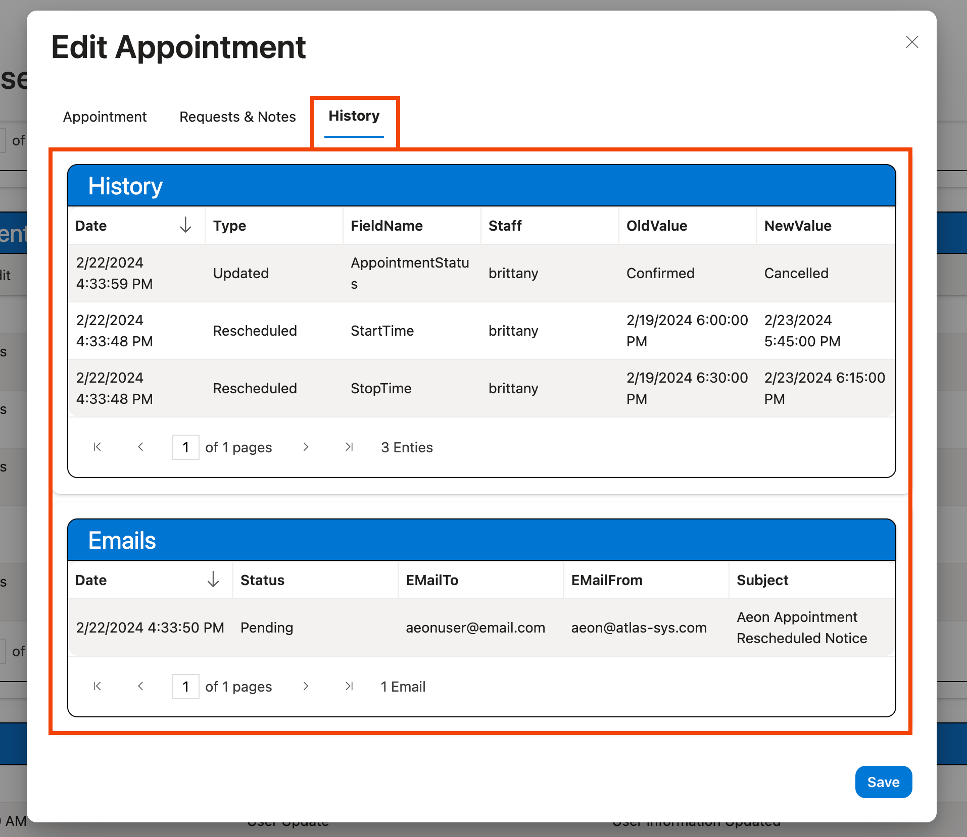 History Tab displayed on the Appointment form